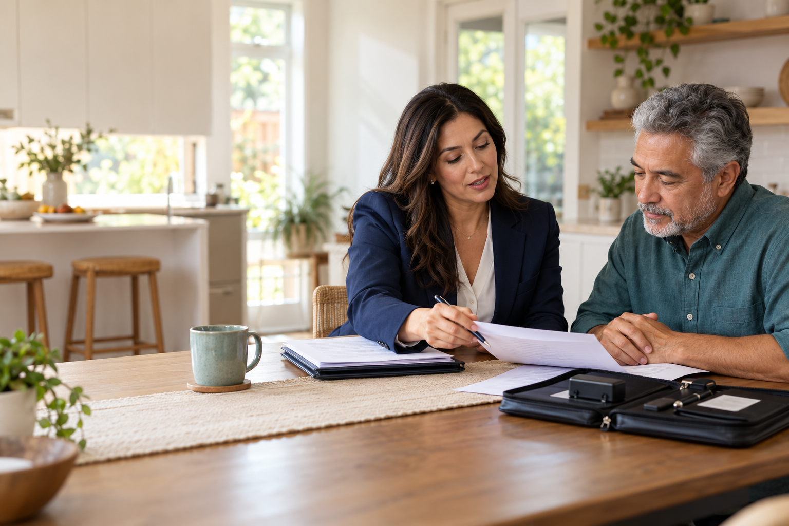 Mobile notary reviewing documents with a client at a home table