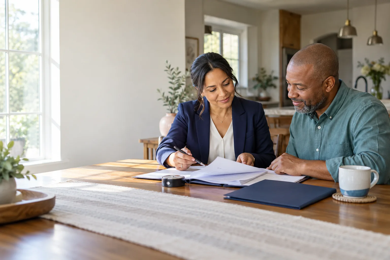 A mobile notary reviewing documents with a client at a home table